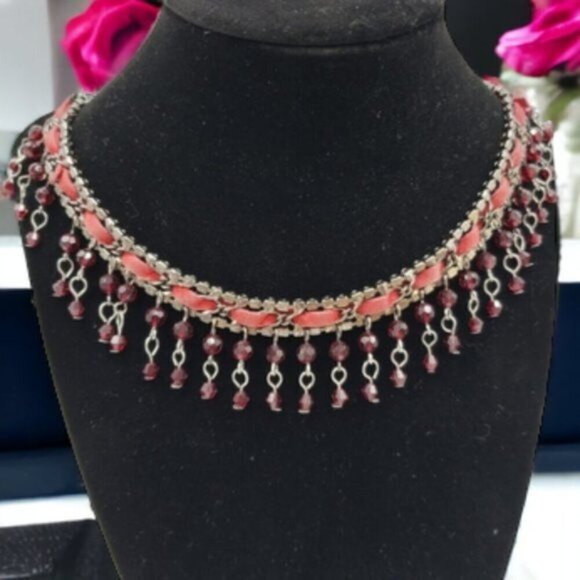 Curtain Beaded Choker Necklace Ruby Red Beading - Picture 2 of 9